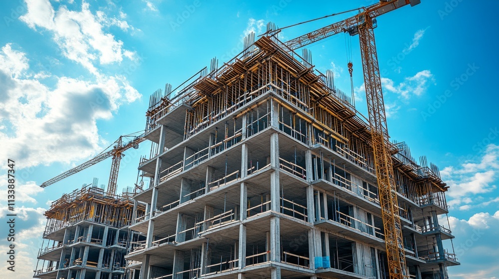 Modern multi-storey building under construction with cranes