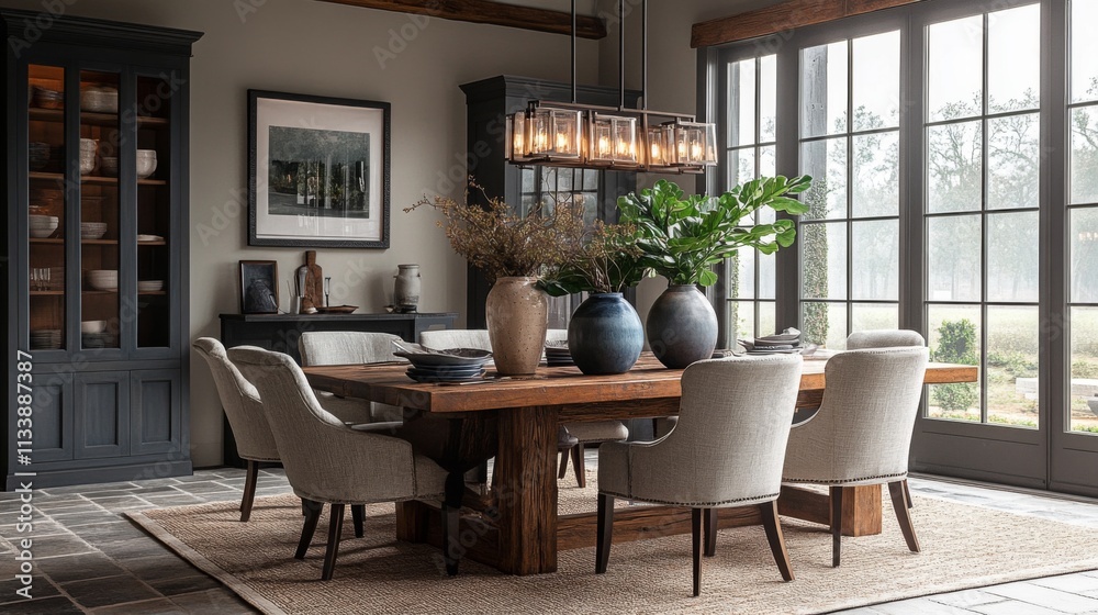 Fototapeta premium Modern dining room with elegant interior design and large windows
