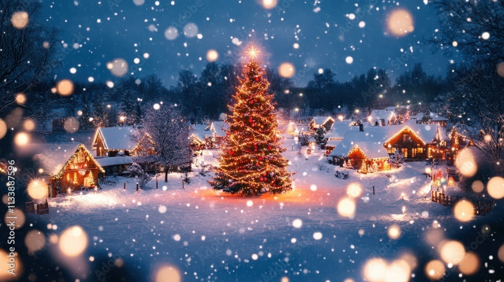 A Snowy Christmas Village With A Giant Illuminated Tree A Snowy Christmas Village With A Giant Illuminated Tree