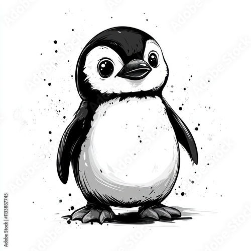 Adorable baby penguin illustration in monochrome style. photo