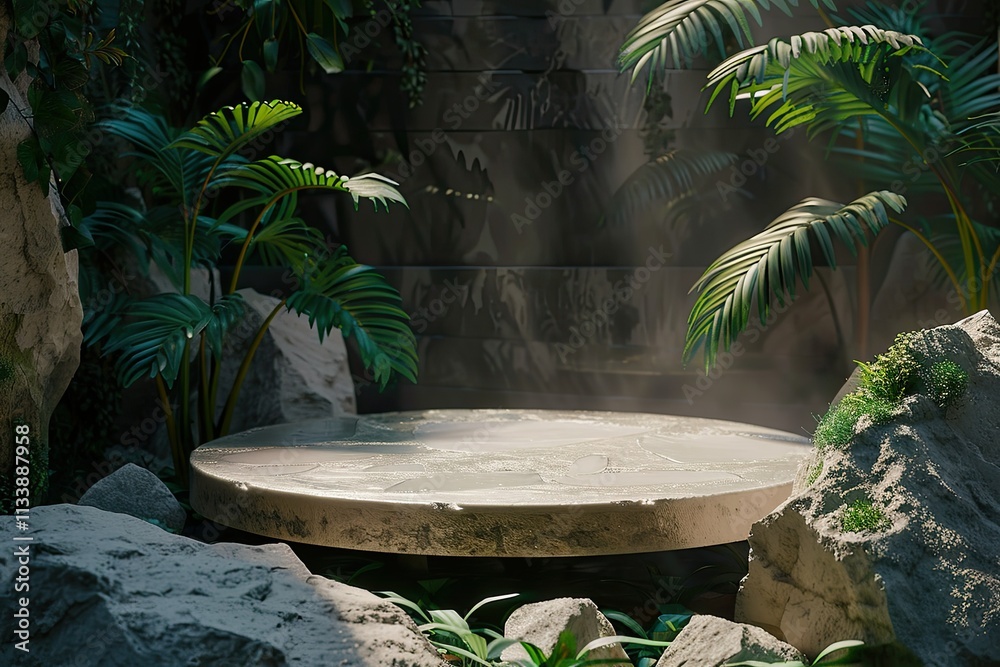 High Definition View of Tropical Setting Product Display Podium with Stones and Leaves High Definition View of Tropical Setting Product Display Podium with Stones and Leaves