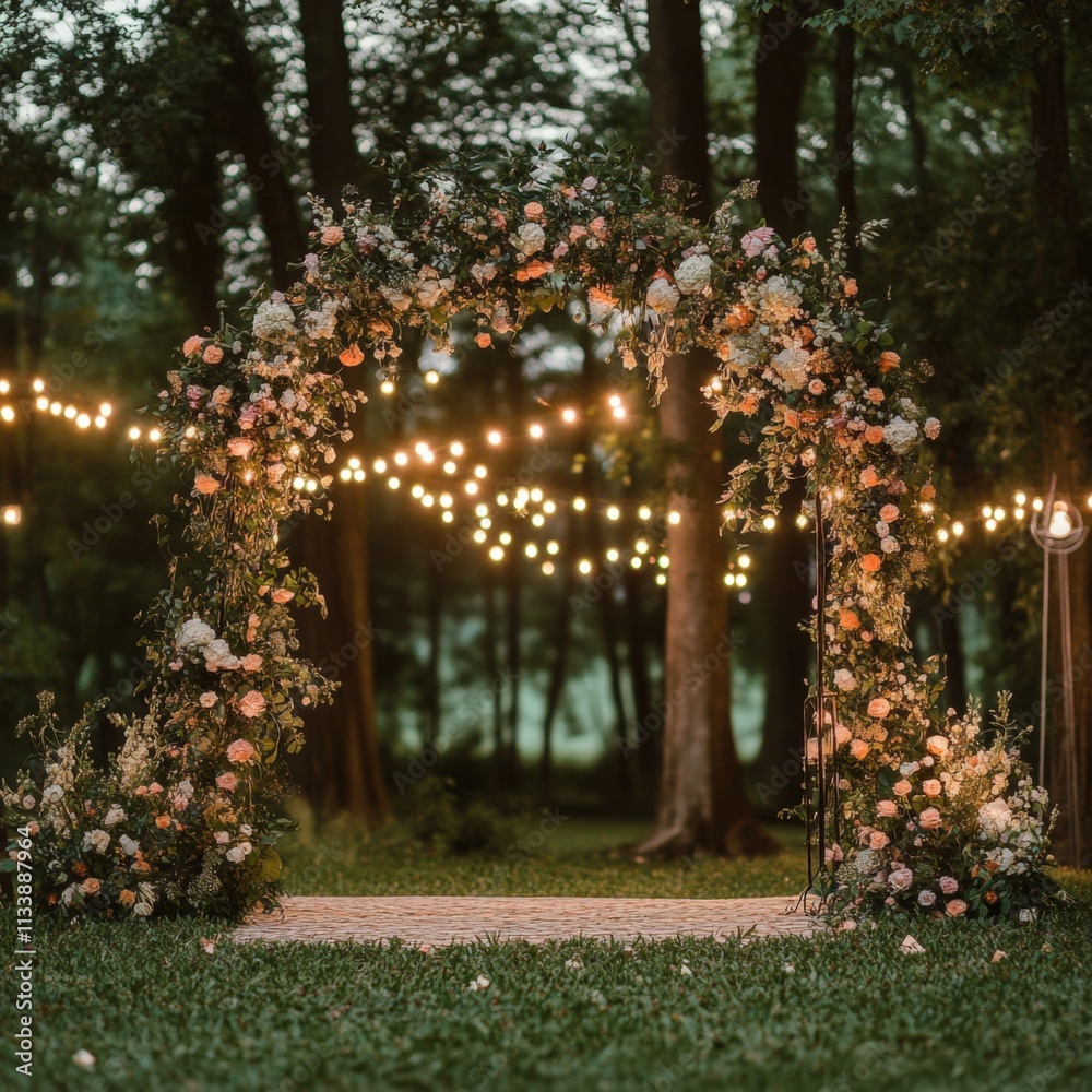 Fototapeta premium beautiful floral wedding arch with string lights in a serene outdoor setting