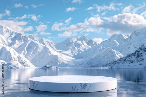 Detailed Color Image of Minimalist Podium with SnowCapped Mountains and Blue Sky Background
