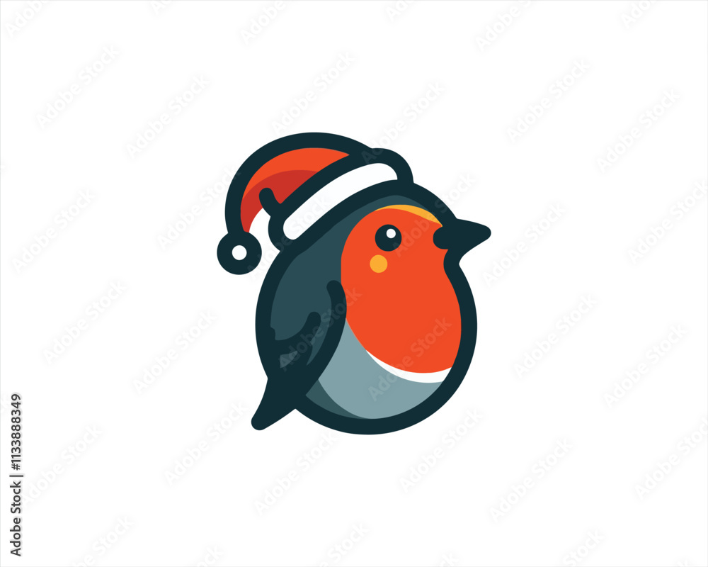 Fototapeta premium Christmas Robin Bird Santa Claus Cap Logo Design Icon Vector Illustration. 