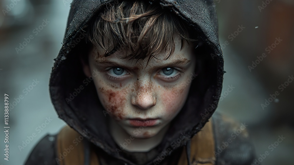 Intense Portrait of a Young Boy: Grit and Resilience Intense Portrait of a Young Boy: Grit and Resilience