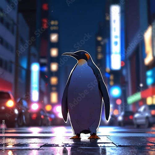 A lone penguin stands in a bustling city at night photo