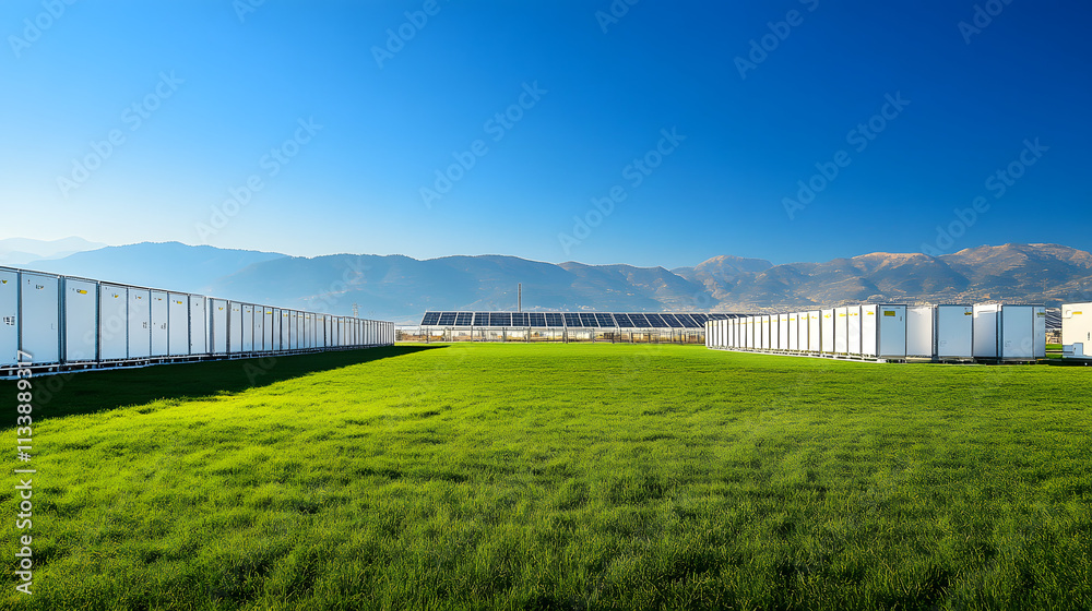 Fototapeta premium White Energy Storage Containers in Open Field with Solar Panels, Set Against Blue Sky and Mountain Backdrop, Realistic Wide-Angle View.