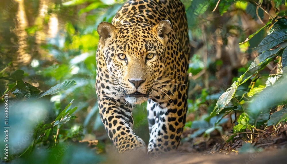 Jaguar Stealthily Walking Through Dense Rainforest Underplay of Dappled Sunlight Jaguar Stealthily Walking Through Dense Rainforest Underplay of Dappled Sunlight