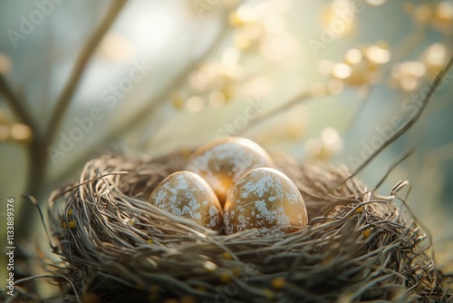 Easter eggs in natural nest, window light, egg decoration details, with copy space photo