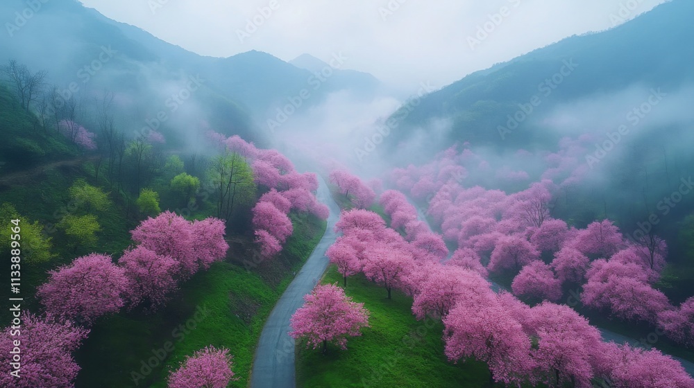 Scenic pathway surrounded by vibrant cherry blossoms and misty hills