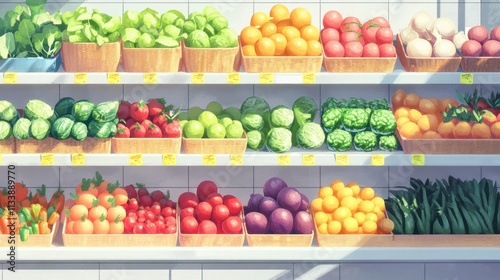 Colorful Display of Fresh Produce in Grocery Store Baskets