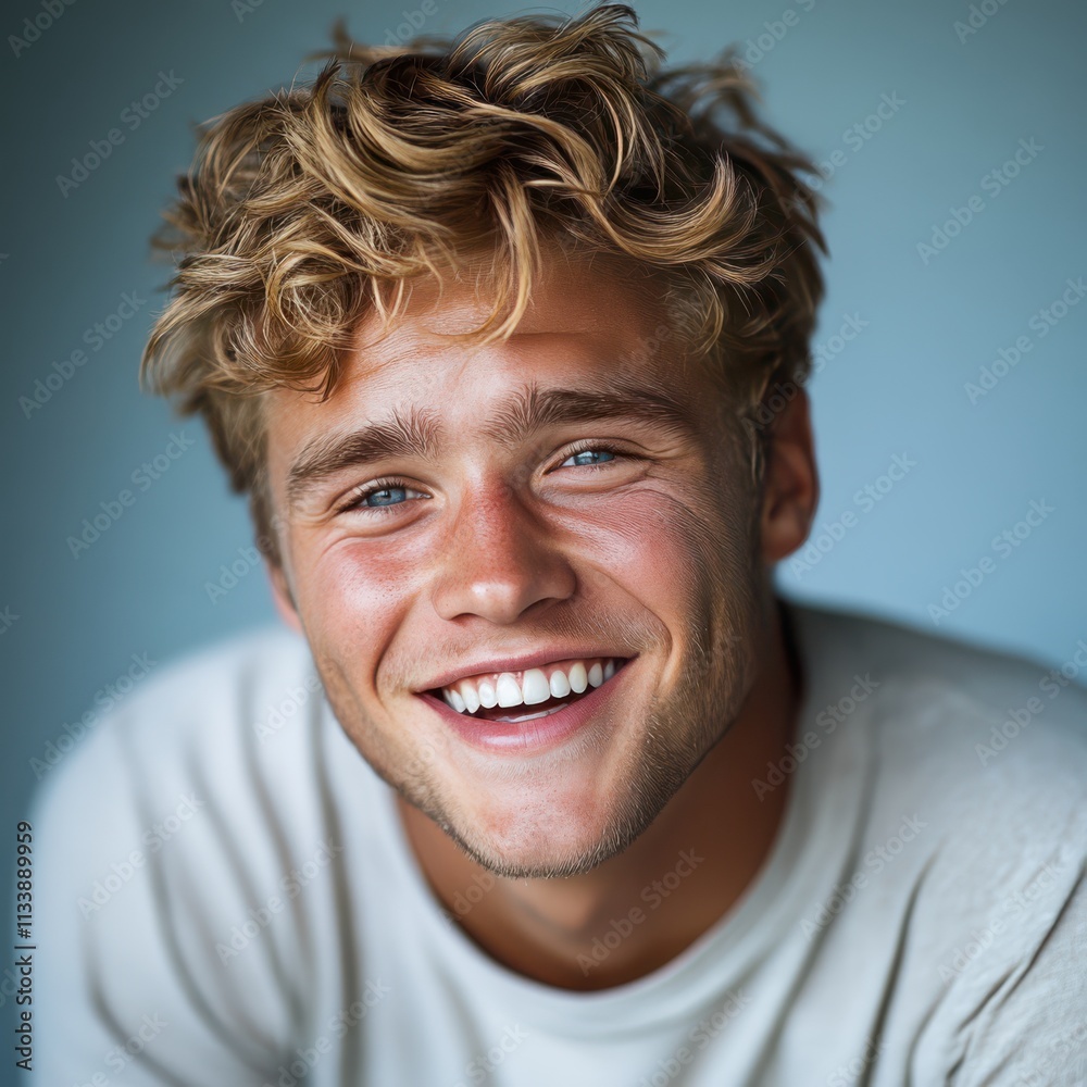 A young man with casual t-shirt is smiling at the camera, solid color background A young man with casual t-shirt is smiling at the camera, solid color background