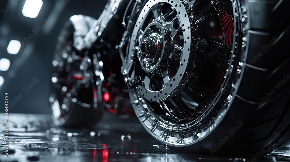 Sleek Chrome Motorcycle Wheel: A Close-Up Look Sleek Chrome Motorcycle Wheel: A Close-Up Look