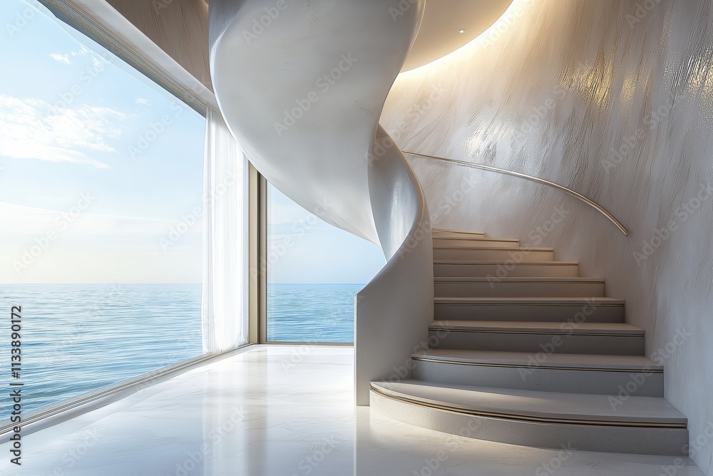 Fototapeta premium Modern White Spiral Staircase with Ocean View