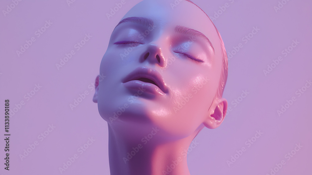 A woman's face is shown in a purple background A woman's face is shown in a purple background