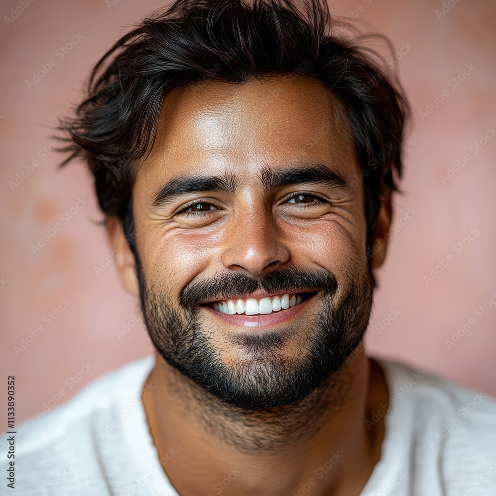 Fototapeta premium A young man with casual t-shirt is smiling at the camera, solid color background