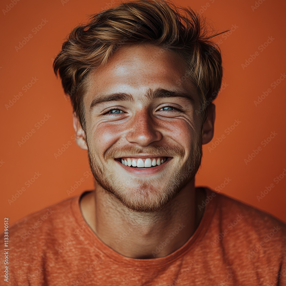 A young man with casual t-shirt is smiling at the camera, solid color background A young man with casual t-shirt is smiling at the camera, solid color background