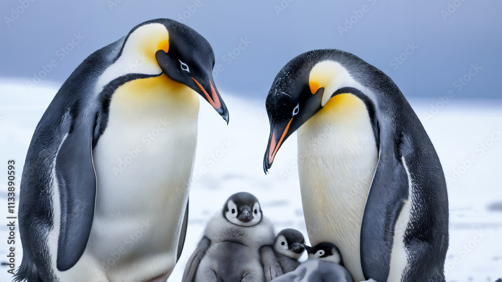 Fototapeta premium Emperor Penguin and Chick Huddled in Dramatic Overcast Antarctic Landscape with Snowy Textured Terrain