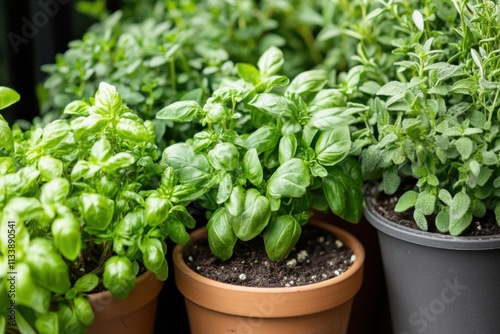 Fresh herb garden starting, soft diffused light, leaf texture details, with copy space