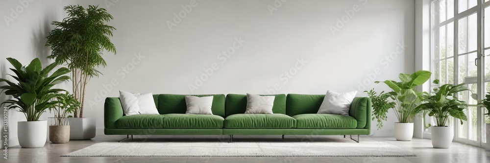 White minimalist living space with green sofa and houseplants, stylish, indoor plants, peaceful, neutral tones, chic White minimalist living space with green sofa and houseplants, stylish, indoor plants, peaceful, neutral tones, chic