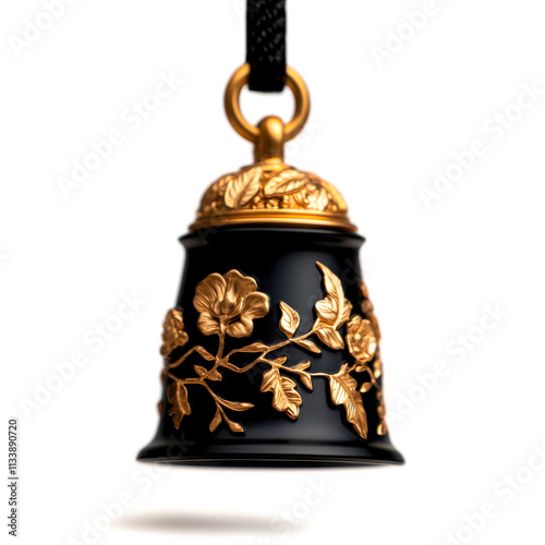 Decorative black and gold bell with floral design and fine details.