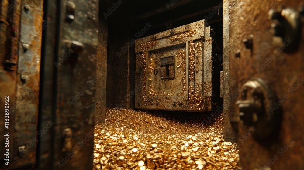 Rusty vault door reveals a pile of gold coins Rusty vault door reveals a pile of gold coins