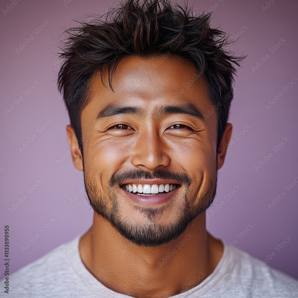 Fototapeta premium man with casual t-shirt is smiling at the camera, solid color background