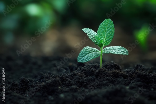 Fresh mint leaves sprouting in garden, soft diffused light, leaf vein details, with copy space