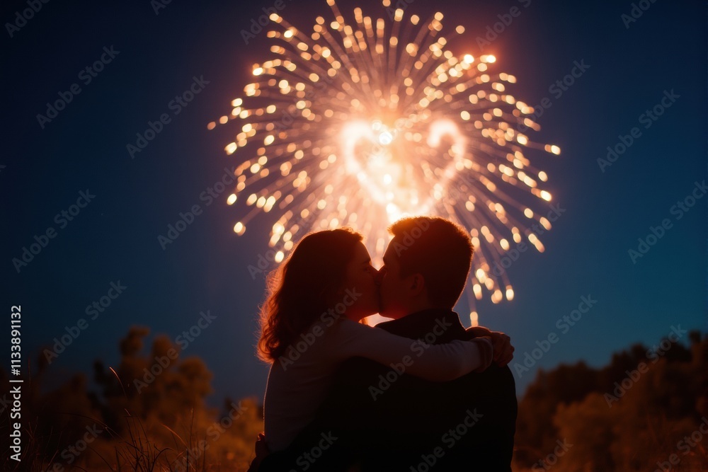 Couple Kissing Under Fireworks Display Couple Kissing Under Fireworks Display