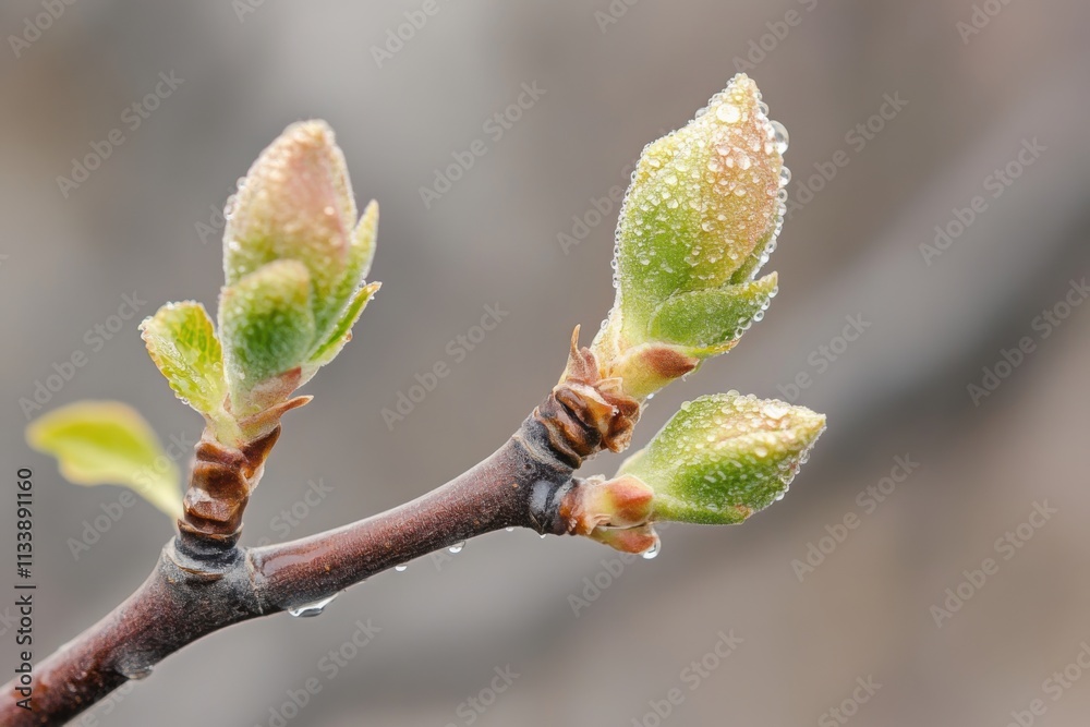 Fresh spring rain drops on new leaf buds, overcast natural light, water bead details, with copy space Fresh spring rain drops on new leaf buds, overcast natural light, water bead details, with copy space