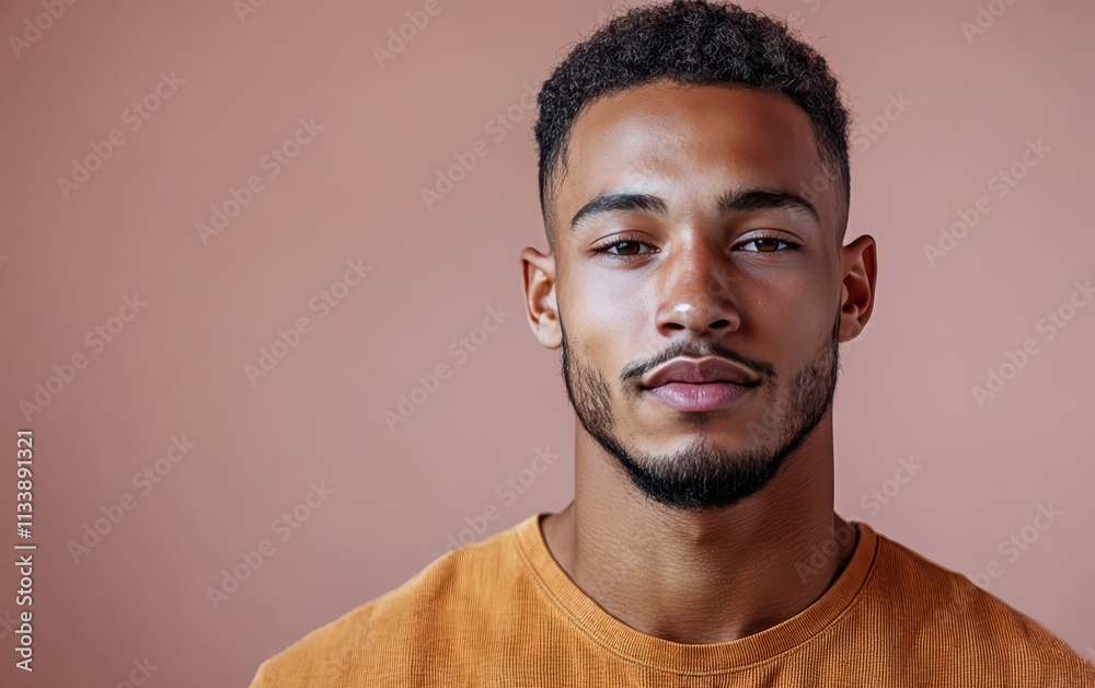 Obraz premium man with casual t-shirt is smiling at the camera, solid color background