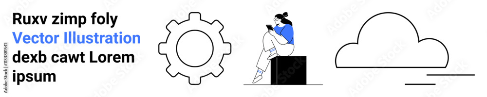 Woman sitting and using phone, gear icon symbolizing settings or industry, cloud representing storage or weather. Ideal for technology, industry, relaxation, online services, app usage, cloud Woman sitting and using phone, gear icon symbolizing settings or industry, cloud representing storage or weather. Ideal for technology, industry, relaxation, online services, app usage, cloud
