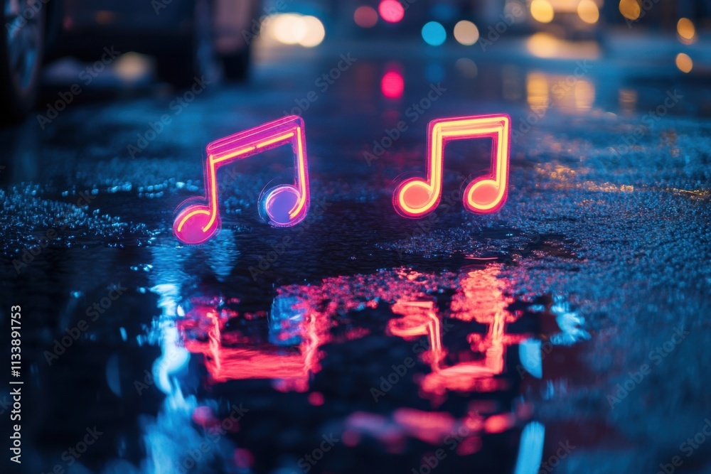 Glowing neon musical notes reflected in rain puddle at night, neon city lights, high contrast reflections, with copy space Glowing neon musical notes reflected in rain puddle at night, neon city lights, high contrast reflections, with copy space