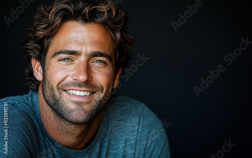 man with casual t-shirt is smiling at the camera, solid color background