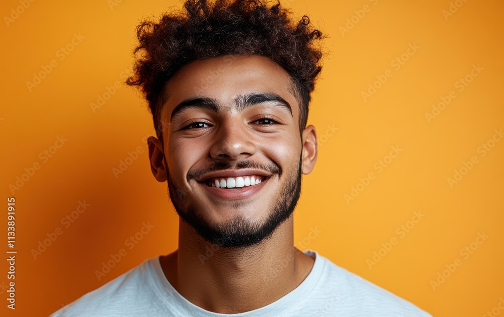 Obraz premium man with casual t-shirt is smiling at the camera, solid color background