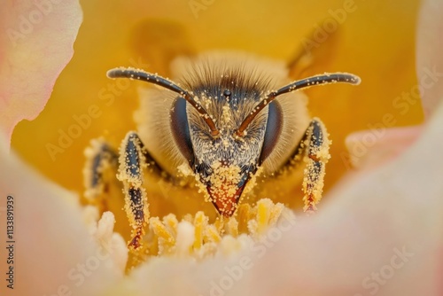 Honey bee collecting pollen from apple blossom, soft morning light, pollen particle details, with copy space photo