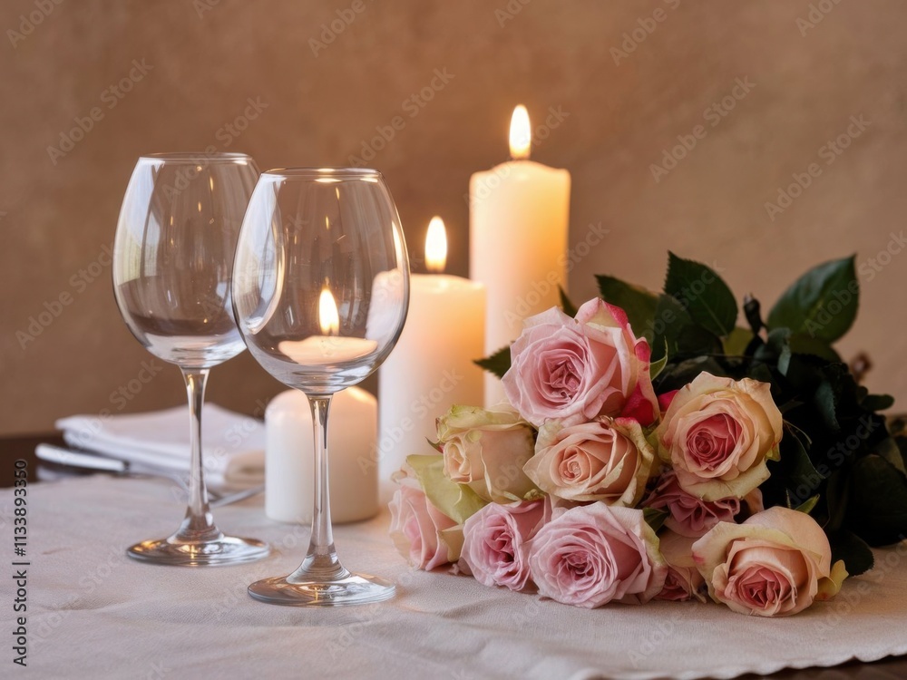 Romantic Candlelit Dinner Setting with Roses and Wine Glasses Romantic Candlelit Dinner Setting with Roses and Wine Glasses