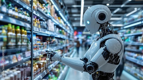 Humanoid robot shopping in a futuristic supermarket, selecting products from shelves, symbolizing advanced artificial intelligence and automation in modern retail technology.