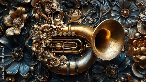 Golden Euphonium in a Floral Embrace: A Musical Still Life photo