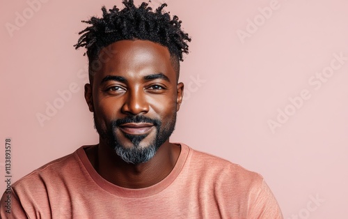 A man with a beard is smiling and wearing a t-shirt