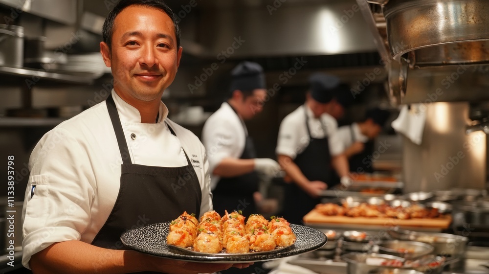 A chef holding a platter of appetizers, with a busy kitchen staff working in the background A chef holding a platter of appetizers, with a busy kitchen staff working in the background
