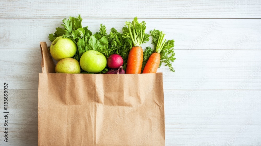 Fresh Vegetables and Fruits in Eco-Friendly Paper Bag on Table Fresh Vegetables and Fruits in Eco-Friendly Paper Bag on Table
