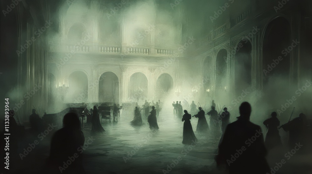 A Foggy Orchestral Performance in a Grand Hall A Foggy Orchestral Performance in a Grand Hall