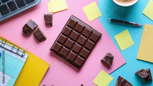 A chocolate bar on a cluttered desk, surrounded by work essentials like pens, sticky notes, and a coffee mug photo