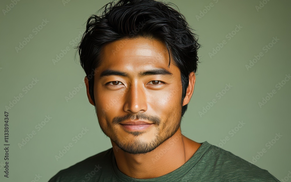 man with casual t-shirt is smiling at the camera, solid color background