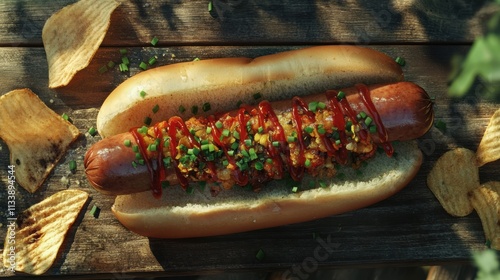 A classic hot dog with sausage, ketchup, and a sprinkle of chopped chives, served on a picnic bench with chips photo