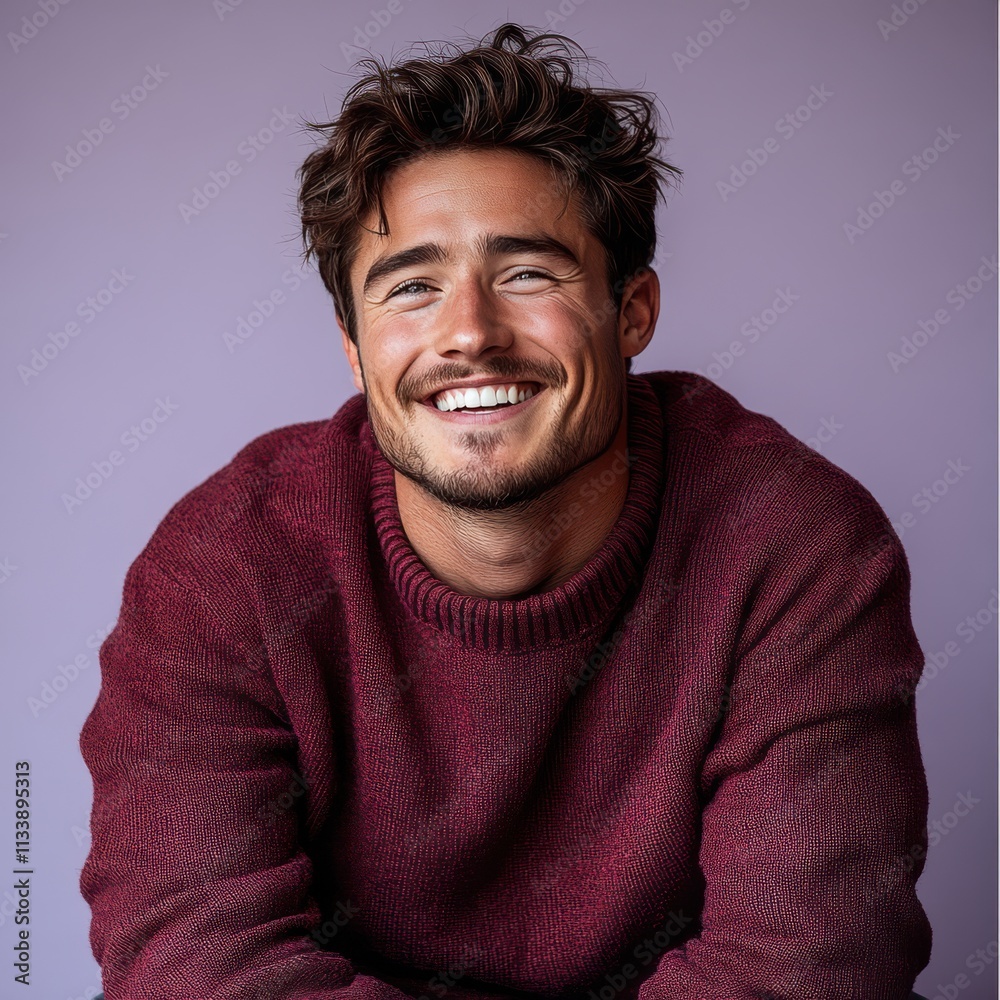 Obraz premium A young man with casual t-shirt is smiling at the camera, solid color background