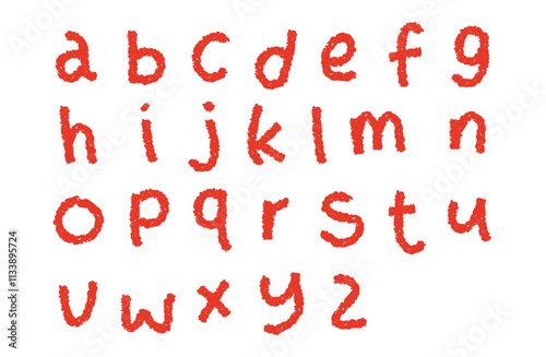 A set of lowercase letters of the alphabet written in red crayon