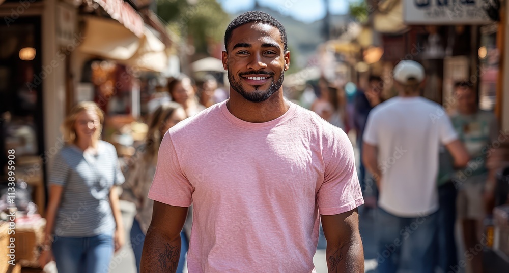 A man with a beard is smiling and wearing a t-shirt in a blurred street background A man with a beard is smiling and wearing a t-shirt in a blurred street background