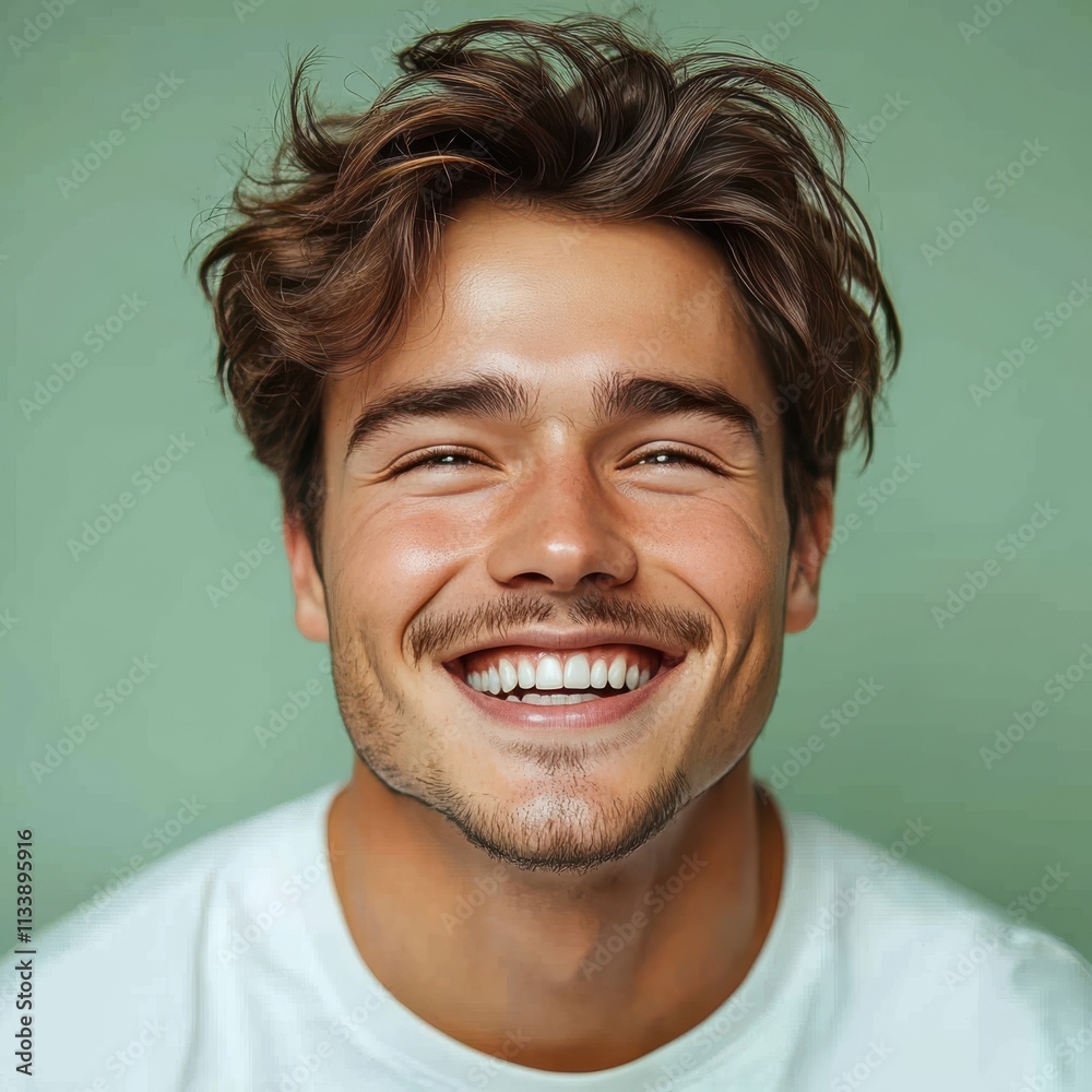 A young man with casual t-shirt is smiling at the camera, solid color background A young man with casual t-shirt is smiling at the camera, solid color background